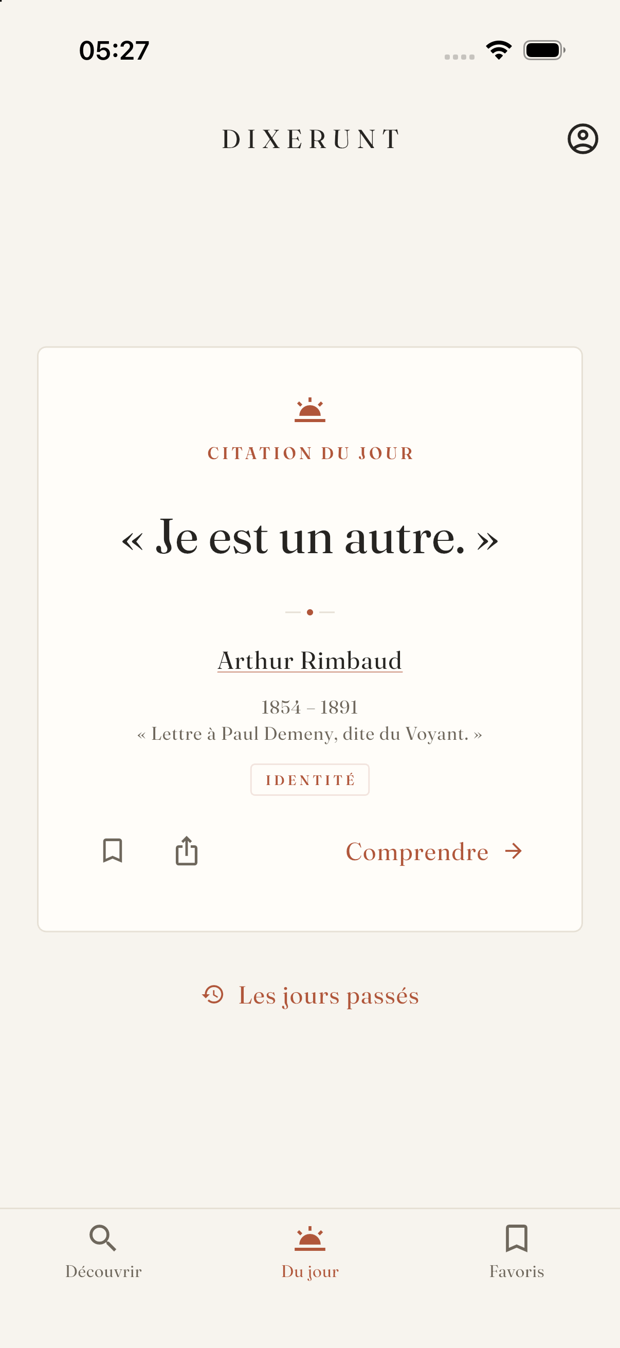 Écran de Dixerunt : « Je est un autre. » d’Arthur Rimbaud, sa source et le bouton Comprendre.